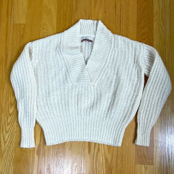 Anthropologie Sweater Pilcro Chunky Knit Shawl Collar Ivory Cream Oversized (XS) - Picture 4 of 6